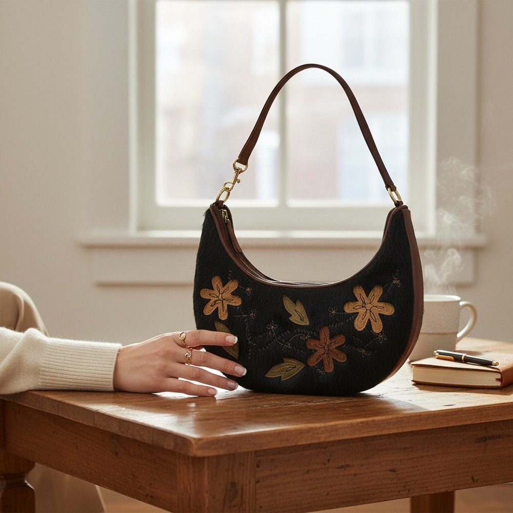 Floral Embroidered Pony Hair Crescent Hobo Bag Black Brown Leather Strap Boho